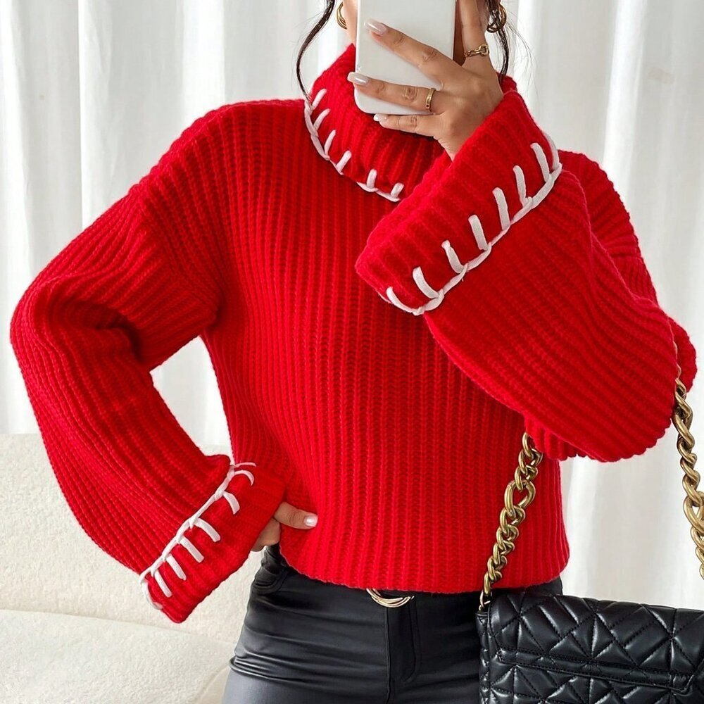Casual Red Women's Long Sleeve Knit Sweater